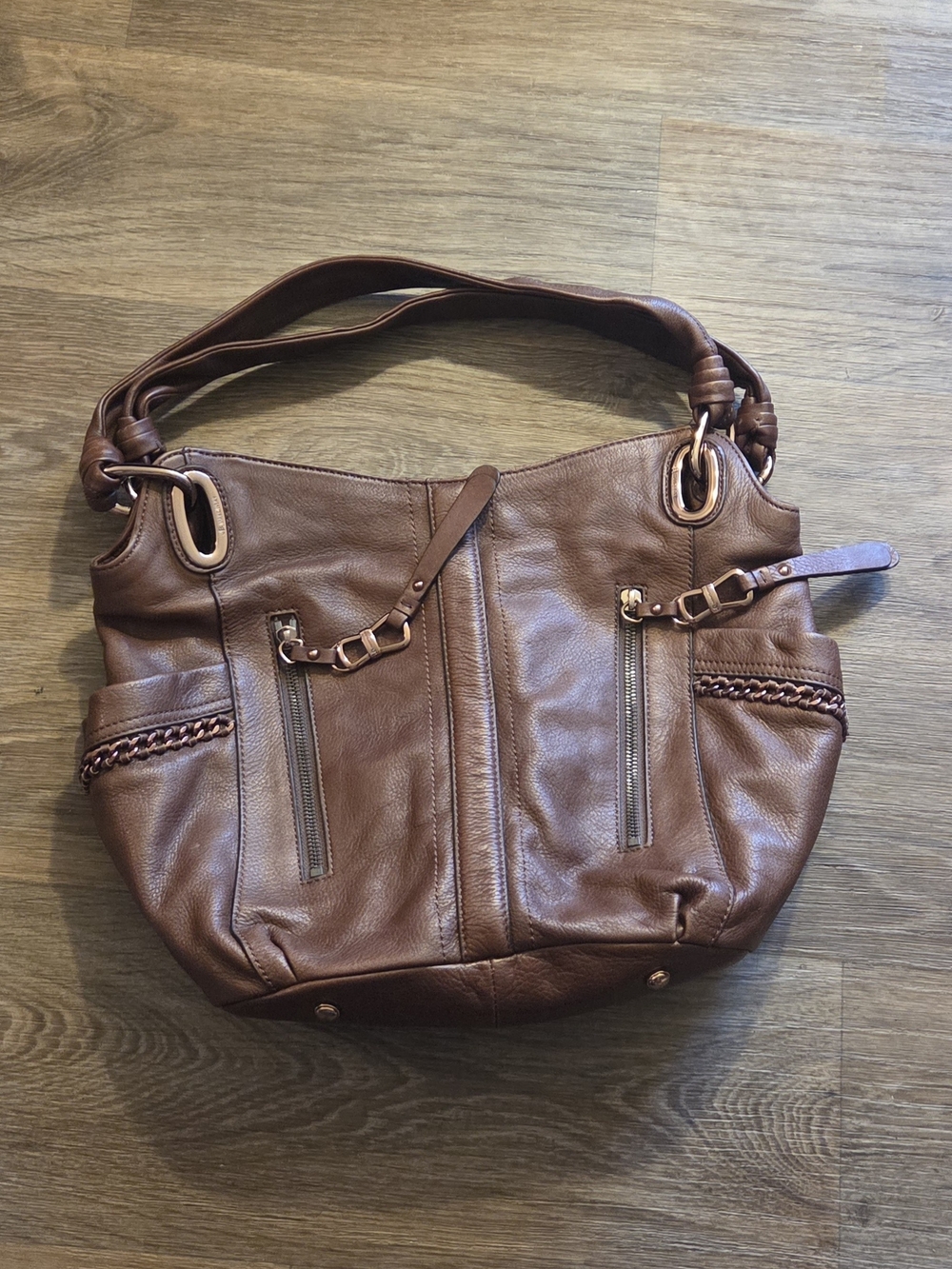 Braided Trim Tan Shoulder Hobo with Gold Accents